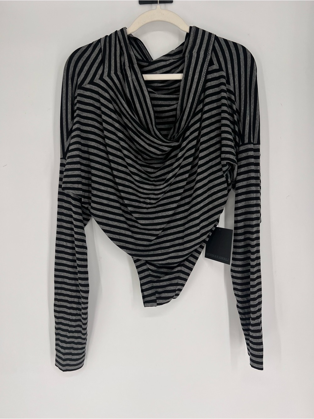 Norma Kamali Black & Gray Striped Draped Dolman Sleeve Cowl Bodysuit M NWT